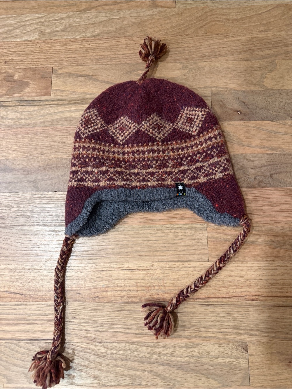 Smartwool Kids Earflap Hat in Burgundy and Gray with Pom-Poms